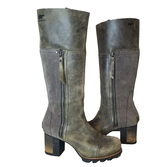 Sorel Women Boots NL2301 Addington Distressed Taupe Gray Leather Tall Heel Sz 7 - Picture 1 of 12